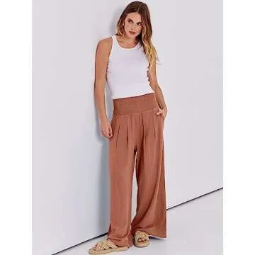 ANRABESS Women Linen Palazzo Pants Summer Boho Wide Leg High Waist Casual Lounge Pant 2025 Beach Travel Vacation Outfits Brick Red Large