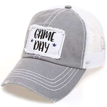 MIRMARU Women’s Baseball Caps Distressed Vintage Patch Washed Cotton Low Profile Embroidered Mesh Snapback Trucker Hat (as1, Alpha, one_Size, Gane Day, Grey)