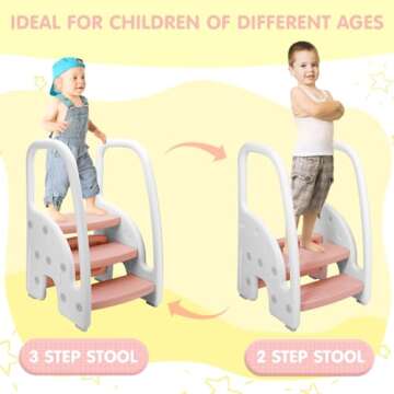 comobabe Toddler Step Stool, Adjustable 3 Steps Stool with Double Handrail and Non-Slip Pads, Toddle...