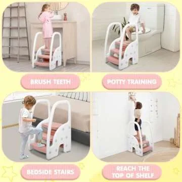 comobabe Toddler Step Stool, Adjustable 3 Steps Stool with Double Handrail and Non-Slip Pads, Toddler Stool for Bathroom Sink, Toilet Potty Training, Kitchen Counter Stool Helper （Pink