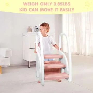 comobabe Toddler Step Stool, Adjustable 3 Steps Stool with Double Handrail and Non-Slip Pads, Toddler Stool for Bathroom Sink, Toilet Potty Training, Kitchen Counter Stool Helper （Pink