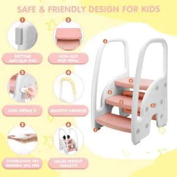 comobabe Toddler Step Stool, Adjustable 3 Steps Stool with Double Handrail and Non-Slip Pads, Toddler Stool for Bathroom Sink, Toilet Potty Training, Kitchen Counter Stool Helper （Pink