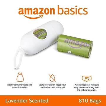 Amazon Basics Lavender Scented Leakproof Dog Poop Bags With Dispenser and Leash Clip, 810 Count, 54 Pack of 15, 13 Inch x 9 Inch