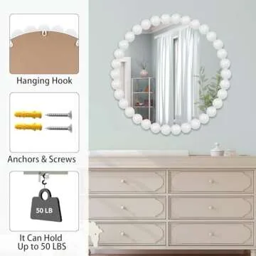 White Round Wall Mirror 24'' Wood Beaded Mirror for Wall Decor Large Circle Decorative Wall Mirror White Hanging Mirror for Bathroom,Bedroom,Living Room,Nursery Room,Kids Room