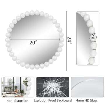 White Round Wall Mirror 24'' Wood Beaded Mirror for Wall Decor Large Circle Decorative Wall Mirror White Hanging Mirror for Bathroom,Bedroom,Living Room,Nursery Room,Kids Room