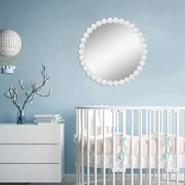 White Round Wall Mirror 24'' Wood Beaded Mirror for Wall Decor Large Circle Decorative Wall Mirror White Hanging Mirror for Bathroom,Bedroom,Living Room,Nursery Room,Kids Room