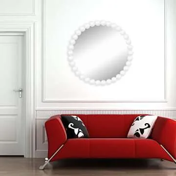 White Round Wall Mirror 24'' Wood Beaded Mirror for Wall Decor Large Circle Decorative Wall Mirror White Hanging Mirror for Bathroom,Bedroom,Living Room,Nursery Room,Kids Room