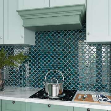 CRE8TIVE 16 Sheets Dark Green Fish Scale Peel and Stick Tile Backsplash 12"x12" 3D Mermaid Scales Stick on Backsplash for Kitchen Waterproof Glossy Wall Tile for Bathroom Back Splashes Stove Fireplace