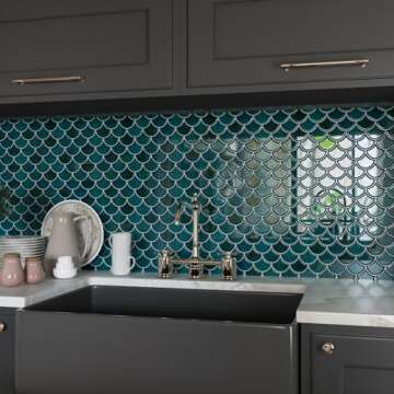 CRE8TIVE 16 Sheets Dark Green Fish Scale Peel and Stick Tile Backsplash 12"x12" 3D Mermaid Scales Stick on Backsplash for Kitchen Waterproof Glossy Wall Tile for Bathroom Back Splashes Stove Fireplace