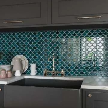 CRE8TIVE 16 Sheets Dark Green Fish Scale Peel and Stick Tile Backsplash 12"x12" 3D Mermaid Scales Stick on Backsplash for Kitchen Waterproof Glossy Wall Tile for Bathroom Back Splashes Stove Fireplace