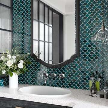 CRE8TIVE 16 Sheets Dark Green Fish Scale Peel and Stick Tile Backsplash 12"x12" 3D Mermaid Scales Stick on Backsplash for Kitchen Waterproof Glossy Wall Tile for Bathroom Back Splashes Stove Fireplace