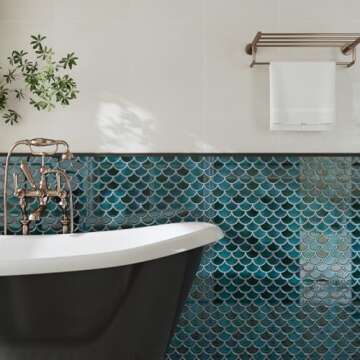 CRE8TIVE 16 Sheets Dark Green Fish Scale Peel and Stick Tile Backsplash 12"x12" 3D Mermaid Scales Stick on Backsplash for Kitchen Waterproof Glossy Wall Tile for Bathroom Back Splashes Stove Fireplace