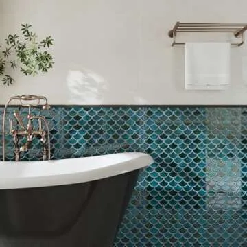 CRE8TIVE 16 Sheets Dark Green Fish Scale Peel and Stick Tile Backsplash 12"x12" 3D Mermaid Scales Stick on Backsplash for Kitchen Waterproof Glossy Wall Tile for Bathroom Back Splashes Stove Fireplace