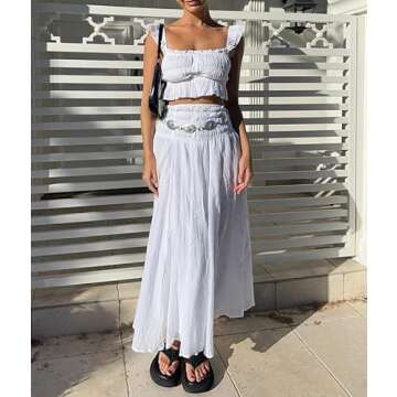 Women Y2K 2 Piece Skirt Set Spaghetti Strap Cropped Cami Ruffle Tiered Flowy Maxi Skirt Vacation Beach Outfits