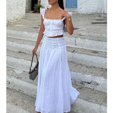 Women Y2K 2 Piece Skirt Set Spaghetti Strap Cropped Cami Ruffle Tiered Flowy Maxi Skirt Vacation Beach Outfits