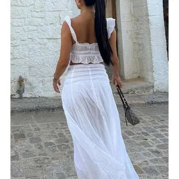 Women Y2K 2 Piece Skirt Set Spaghetti Strap Cropped Cami Ruffle Tiered Flowy Maxi Skirt Vacation Beach Outfits