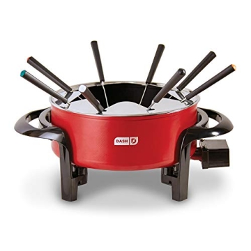 Dash Electric Fondue Set with Nonstick Pot, 8 Colored Forks & Temperature Control for Cheese, Chocolate, Steak, Poultry, Seafood + More, 3 Quart - Red