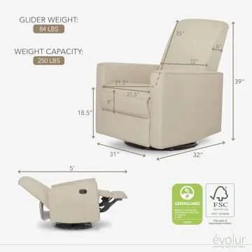 Evolur Raleigh Glider in Shell, Upholstered Plush Seating 360° Swivel Glider Rocking Chair, FSC Certified, Greenguard Gold & JPMA Certified Nursery Glider Recliner