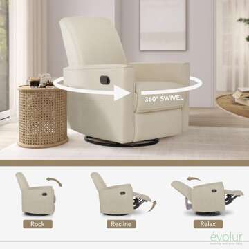 Evolur Raleigh Glider in Shell, Upholstered Plush Seating 360° Swivel Glider Rocking Chair, FSC Certified, Greenguard Gold & JPMA Certified Nursery Glider Recliner