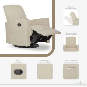 Evolur Raleigh Glider in Shell, Upholstered Plush Seating 360° Swivel Glider Rocking Chair, FSC Certified, Greenguard Gold & JPMA Certified Nursery Glider Recliner