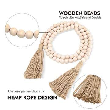58in Wood Bead Garland with Tassels, Farmhouse Bead Rustic Country Decor Prayer Boho Beads Wall Hanging Decoration with Tassles Prayer Beads Wall(White)