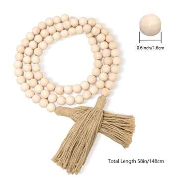 58in Wood Bead Garland with Tassels, Farmhouse Bead Rustic Country Decor Prayer Boho Beads Wall Hanging Decoration with Tassles Prayer Beads Wall(White)