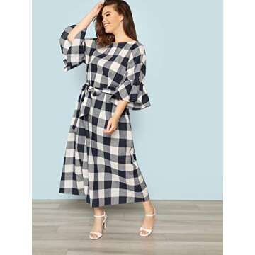 Floerns Women's Plus Size Plaid Tie Waist Maxi Dress Blue Plaid 3XL