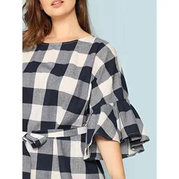 Floerns Plus Size Plaid Tie Waist Maxi Dress Blue