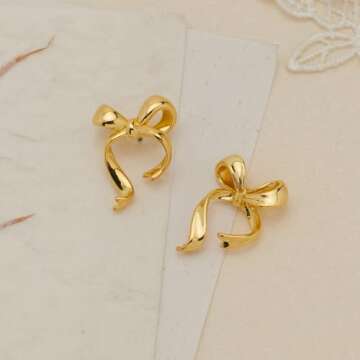 MUYAN Gold Bow Earrings for Women Classic Ribbon Bow Stud Earrings Cute Bowknot Earrings Holiday Bow Jewelry
