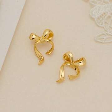 MUYAN Gold Bow Earrings for Women Classic Ribbon Bow Stud Earrings Cute Bowknot Earrings Holiday Bow Jewelry