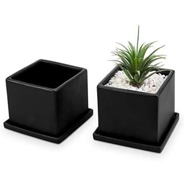 MyGift Modern Black Ceramic Small Plant Pots Set of 2