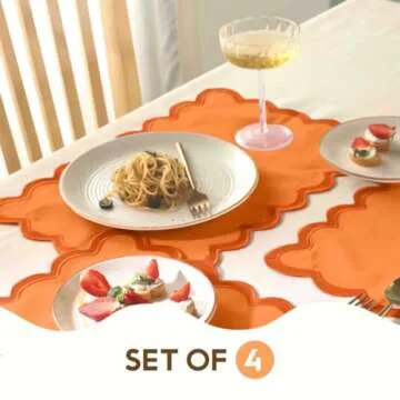 Folkulture Placemats Set of 4, 13 x 19 Inches 100% Cotton Boho Place Mats or Heat Resistant Table Mats for Dining Table Decor, Scalloped Kitchen Mats for Table Decor, Orange Placemats
