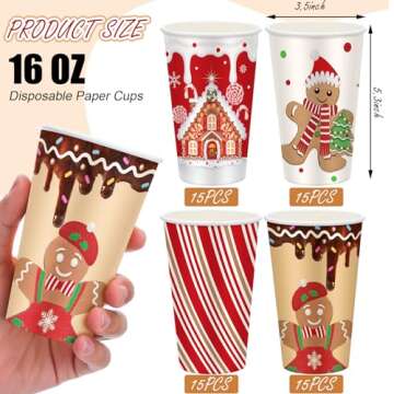 Gerrii 60 Pcs Christmas Paper Cups Xmas Disposable coffee Cups 16oz Christmas Cups for Drinking Tea Hot Cold Beverages, Elf Santa Snowman Gingerbread Cups Christmas Decoration(Gingerbread Man)