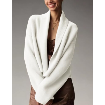 Wyeysyt Womens Cropped Cardigan Sweater Oversized Lapel Shawl Coatigan Chunky Knit Long Sleeve Sweater(White-M)
