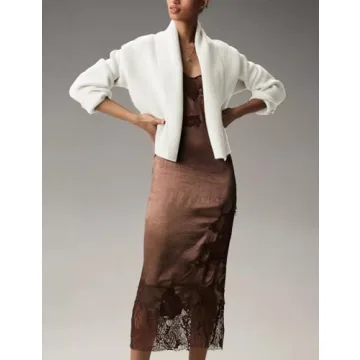 Wyeysyt Womens Cropped Cardigan Sweater Oversized Lapel Shawl Coatigan Chunky Knit Long Sleeve Sweater(White-M)