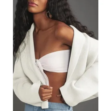 Wyeysyt Womens Cropped Cardigan Sweater Oversized Lapel Shawl Coatigan Chunky Knit Long Sleeve Sweater(White-M)