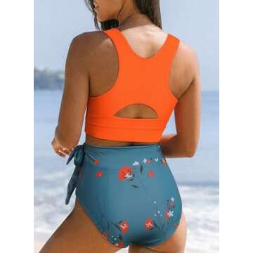 Dokotoo Womens 2 Piece Swimsuit Scoop Neck Sleeveless 2024 Racerback Tummy Control High Waisted Tie Knot Flattering Bathing Suits Long Lined Floral Bikini Orange X-Large