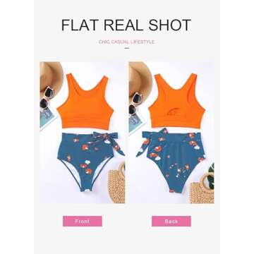 Dokotoo Womens 2 Piece Swimsuit Scoop Neck Sleeveless 2024 Racerback Tummy Control High Waisted Tie Knot Flattering Bathing Suits Long Lined Floral Bikini Orange X-Large