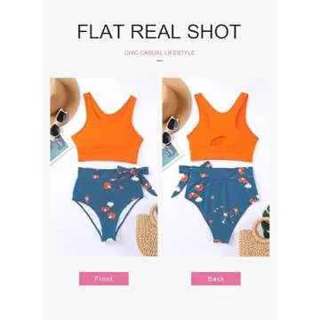 Dokotoo Womens 2 Piece Swimsuit Scoop Neck Sleeveless 2024 Racerback Tummy Control High Waisted Tie Knot Flattering Bathing Suits Long Lined Floral Bikini Orange X-Large