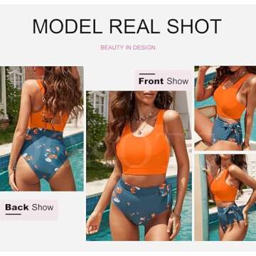 Dokotoo Womens 2 Piece Swimsuit Scoop Neck Sleeveless 2024 Racerback Tummy Control High Waisted Tie Knot Flattering Bathing Suits Long Lined Floral Bikini Orange X-Large