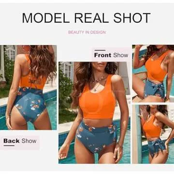 Dokotoo Womens 2 Piece Swimsuit Scoop Neck Sleeveless 2024 Racerback Tummy Control High Waisted Tie Knot Flattering Bathing Suits Long Lined Floral Bikini Orange X-Large