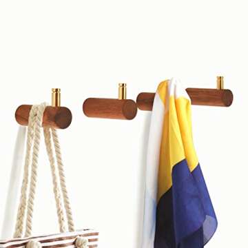 Homode Coat Hooks, Wooden Wall Hooks Heavy Duty, 2 Pack Decorative Wall Hanger with Gold Peg, for Hanging Clothes, Robes, Hats, Backpack, Plant, Keys, Purses, Leash, Black Walnut