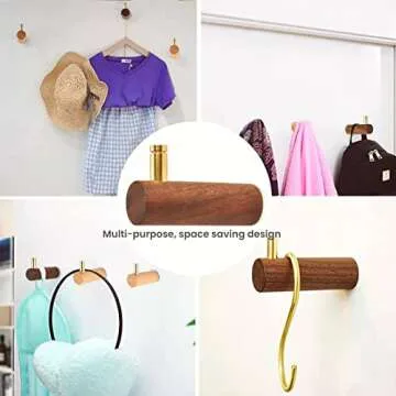 Homode Coat Hooks, Wooden Wall Hooks Heavy Duty, 2 Pack Decorative Wall Hanger with Gold Peg, for Hanging Clothes, Robes, Hats, Backpack, Plant, Keys, Purses, Leash, Black Walnut