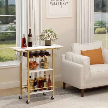 LAATOOREE Bar Cart, Home Bar Serving Cart, 3 Tier Mobile Drink Beverage Cart, Rolling Kitchen Shelf Cart with Wine and Glass Holder, for Dinning Room, Living Room, Kitchen