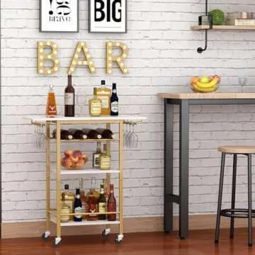 LAATOOREE Bar Cart, Home Bar Serving Cart, 3 Tier Mobile Drink Beverage Cart, Rolling Kitchen Shelf Cart with Wine and Glass Holder, for Dinning Room, Living Room, Kitchen