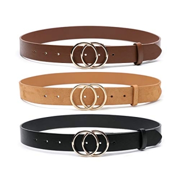 MORELESS 3 Pack Women Faux Leather Belts for Jeans Dress Pants Fashion Waist Belts with Double Ring ...
