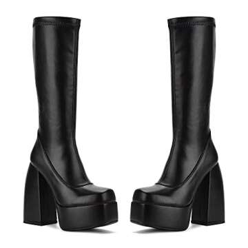 Greemarliy Womens Mid Calf Knee High Boots High Heel Round-Toe Side Zipper Punk Style Shoes Combat B...