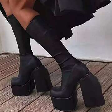 Greemarliy Womens Mid Calf Knee High Boots High Heel Round-Toe Side Zipper Punk Style Shoes Combat Boots For Women Size 6