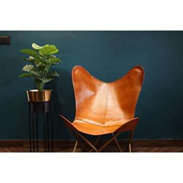 HLC Leather Living Room Chairs-Butterfly Chair Brown Leather Butterfly Chair-Handmade with Powder Coated Folding Iron Frame (Cover with Folding Frame) (Golden Stand)