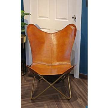 HLC Leather Living Room Chairs-Butterfly Chair Brown Leather Butterfly Chair-Handmade with Powder Coated Folding Iron Frame (Cover with Folding Frame) (Golden Stand)